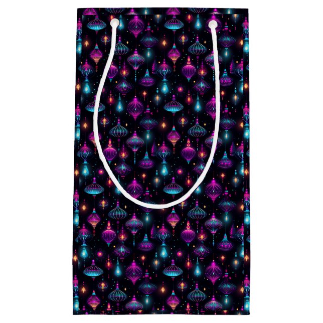 Sacola Para Presentes Pequena Enfeites de natal neon (Frente)