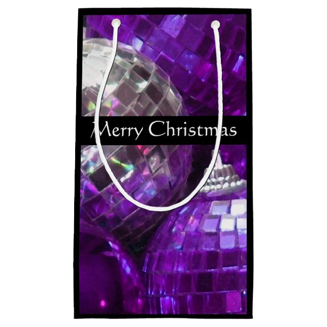 Sacola Para Presentes Pequena Enfeites roxos de Natal preto pequeno (Frente)