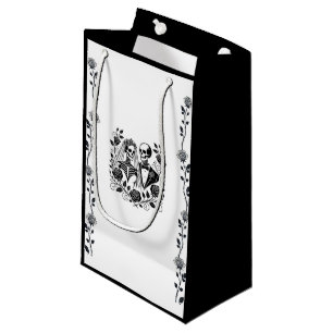 Sacola Para Presentes Pequena Esqueleto Floral Preto Branco Rosa Vinha Casamento