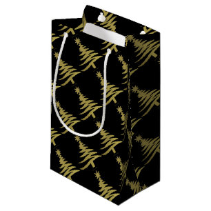 Sacola Para Presentes Pequena Estêncil da árvore de Natal Dourado em preto