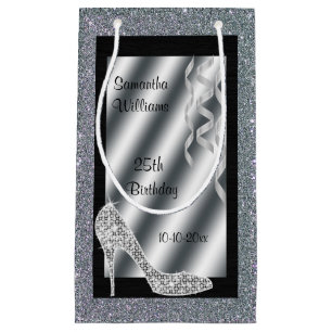 Sacola Para Presentes Pequena Estilete Glittery de prata & aniversário das