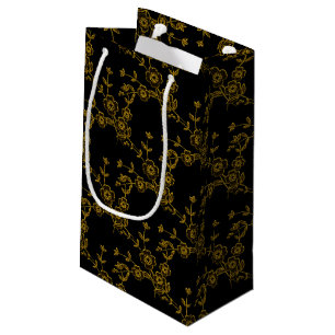Sacola Para Presentes Pequena Estilo de Spray Floral 1, SACO GIFT Dourado Preto