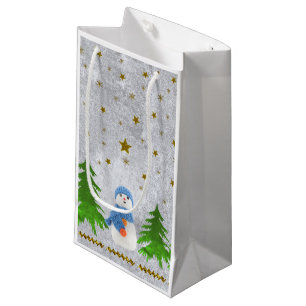 Sacola Para Presentes Pequena Estrelas de ouro cinza, boneco de neve e árvore ve
