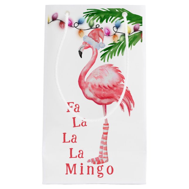 Sacola Para Presentes Pequena Fa La La La Mingo Pink Flamingo Beach Natal (Frente)