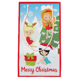 Sacola Para Presentes Pequena Fadas de Natal Fofas com Presente e Flocos de Neve
