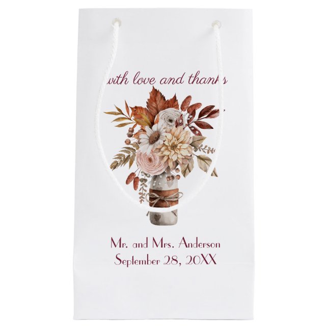 Sacola Para Presentes Pequena Fall Autumn Floral Personalize Names Data de Casam (Frente)