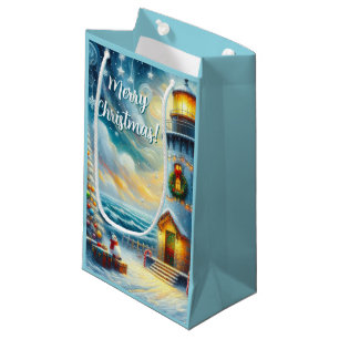Sacola Para Presentes Pequena Farol de Árvore de Natal Azul Costeiro Náutico