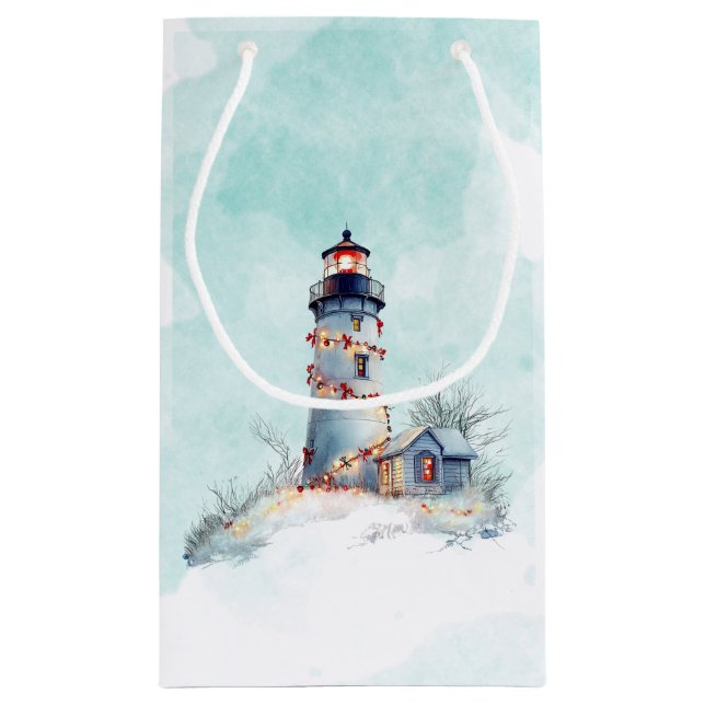 Sacola Para Presentes Pequena Farol de Natal Férias Costeiras (Verso)