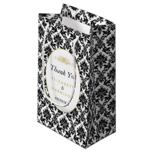 Sacola Para Presentes Pequena Favor do Casamento tema damasco Dourado, Preto e B