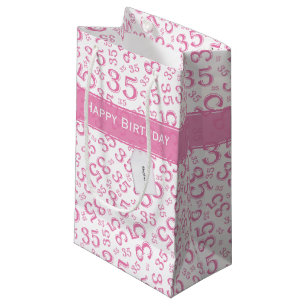 Sacola Para Presentes Pequena Feliz 35º aniversário Padrão Rosa/Branco