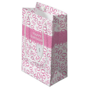 Sacola Para Presentes Pequena Feliz 50º aniversário Padrão Rosa/Branco