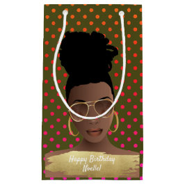 Sacola Para Presentes Pequena Feliz aniversário! Dourada mulher negra, verde