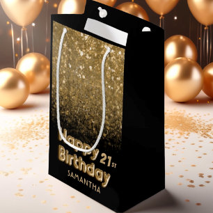Sacola Para Presentes Pequena Feliz Aniversário Dourado Glitter e Black Sparkly