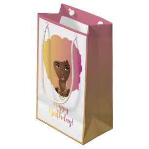 Sacola Para Presentes Pequena Feliz aniversário! Mulher Negra, Cabelo Natural C