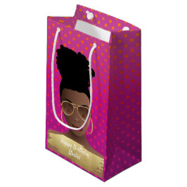 Sacola Para Presentes Pequena Feliz aniversário! Mulher Negra com matizes Dourad
