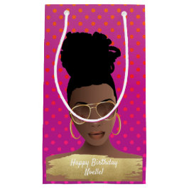 Sacola Para Presentes Pequena Feliz aniversário! Mulher Negra com matizes Dourad
