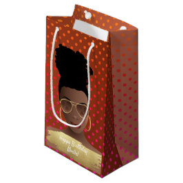 Sacola Para Presentes Pequena Feliz aniversário! Mulher Negra com matizes Dourad