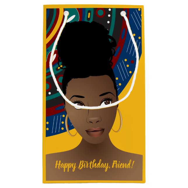 Sacola Para Presentes Pequena Feliz aniversário! Mulher Negra, inspirada tribal, (Verso)