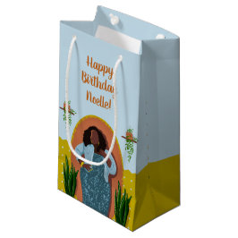 Sacola Para Presentes Pequena Feliz aniversário, Mulher Negra, Plantas, Amarelo