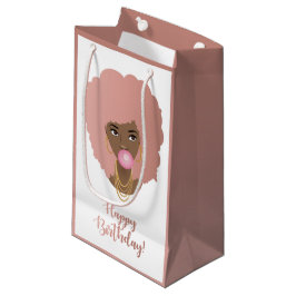 Sacola Para Presentes Pequena Feliz aniversário! Mulher Negra Rosa Afro, Bublegu
