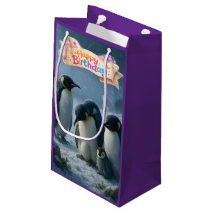 Sacola Para Presentes Pequena Feliz aniversário, pinguim-imperador roxo artístic