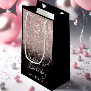 Sacola Para Presentes Pequena Feliz Aniversário, Rosa Dourado e Brilhante Preto 