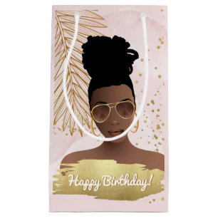Sacola Para Presentes Pequena Feliz aniversário, rosa e Dourado, tropical