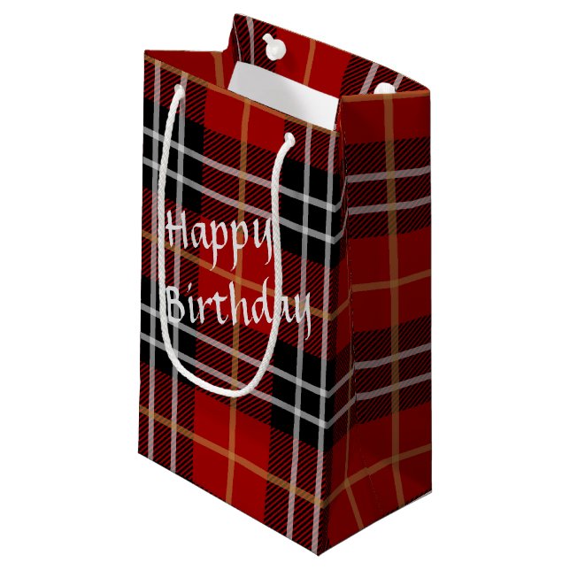 Sacola Para Presentes Pequena Feliz aniversário Xadrez Tartan (Frente inclinada)