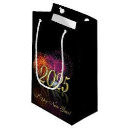 Sacola Para Presentes Pequena Feliz ano novo 2025 Fireworks Dourado