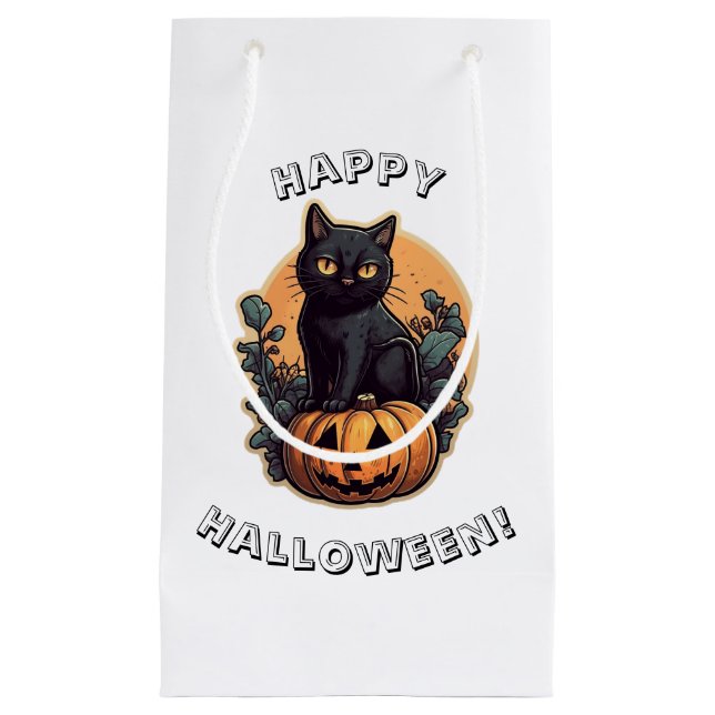 Sacola Para Presentes Pequena Feliz Halloween Gato Preto  (Frente)
