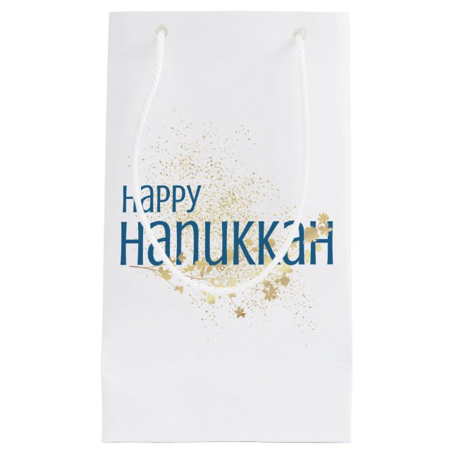 Sacola Para Presentes Pequena Feliz Hanukkah (com folhagem Dourada) (Frente)