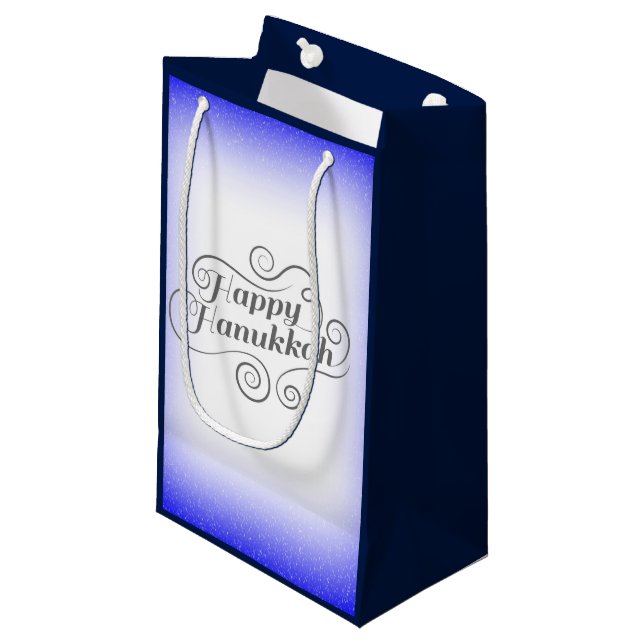 Sacola Para Presentes Pequena Feliz Hanukkah com fundo azul branco de 2 tons (Frente inclinada)