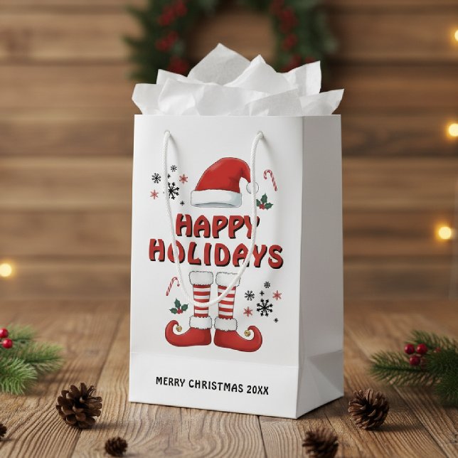 Sacola Para Presentes Pequena Feliz Natal Elf Boots Santa Claus Hat White (Criador carregado)