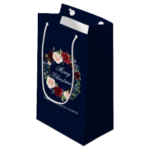 Sacola Para Presentes Pequena Feliz Natal floral da grinalda da aguarela