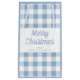 Sacola Para Presentes Pequena Feliz Natal Moderno em Azul Xadrez Script