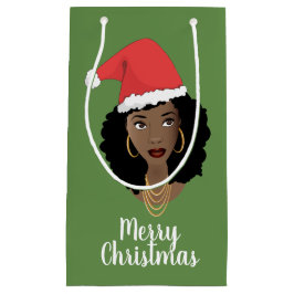 Sacola Para Presentes Pequena Feliz Natal! Mulher Negra, Red Santa Hat, Verde