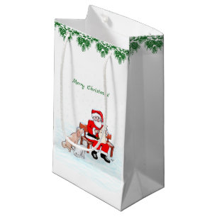 Sacola Para Presentes Pequena Feliz Natal! Papai Noel com Gato e Cachorro