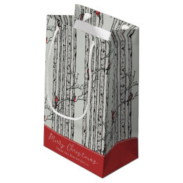 Sacola Para Presentes Pequena Feliz Natal Red Cardinal Bird & Birch Tree