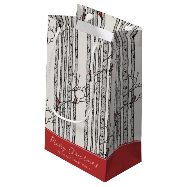 Sacola Para Presentes Pequena Feliz Natal Red Cardinal Bird & Birch Tree (Verso inclinado)