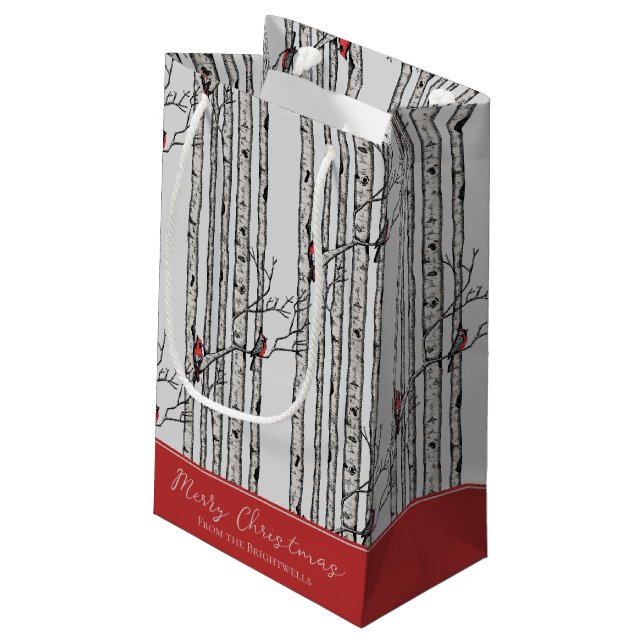 Sacola Para Presentes Pequena Feliz Natal Red Cardinal Bird & Birch Tree (Verso inclinado)