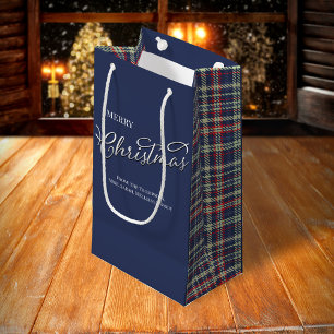Sacola Para Presentes Pequena Feliz Natal - Script de Caligrafia Marinho Xadrez