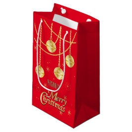Sacola Para Presentes Pequena Feliz Natal Vermelho Festivo e Ornamentos Dourados