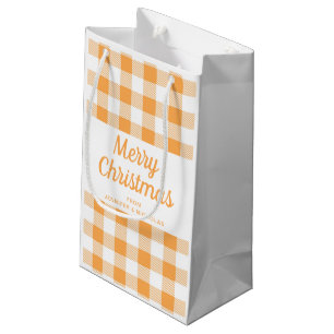 Sacola Para Presentes Pequena Feliz Natal Xadrez Branca Laranja