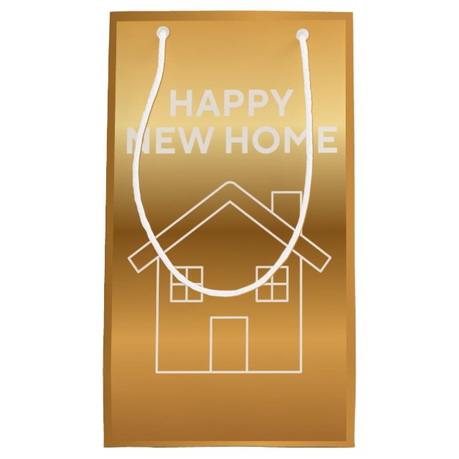 Sacola Para Presentes Pequena Feliz Nova Casa - fundo gradiente dourado (Frente)