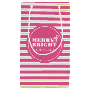Sacola Para Presentes Pequena Feliz personalizada rosa e Natal brilhante