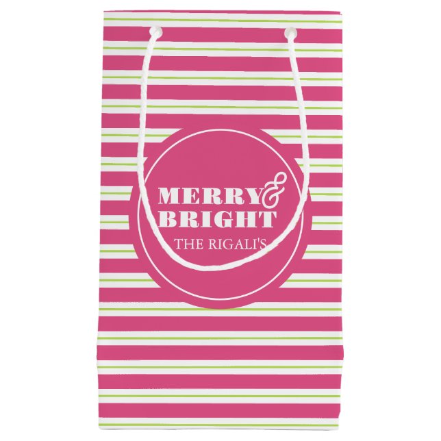 Sacola Para Presentes Pequena Feliz personalizada rosa e Natal brilhante (Frente)