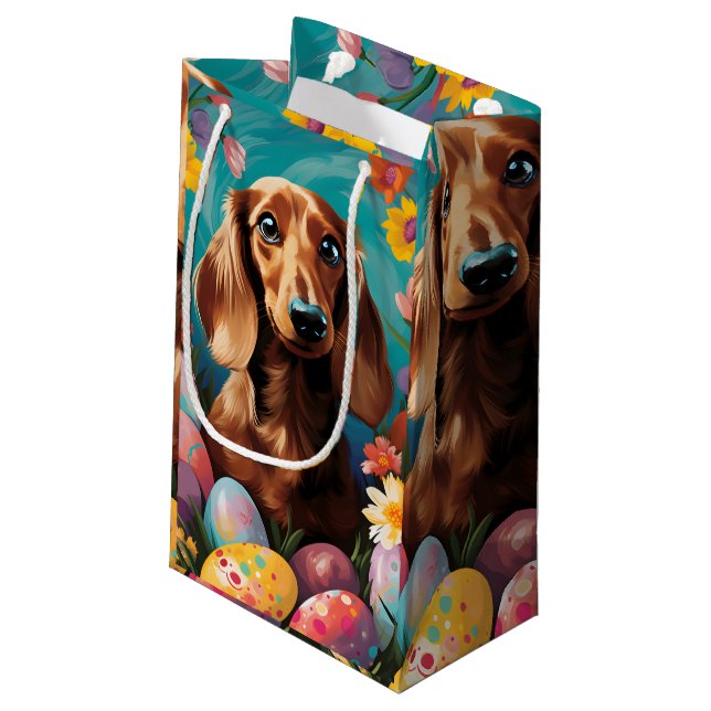 Sacola Para Presentes Pequena Felz pascoa Dachshund (Verso inclinado)