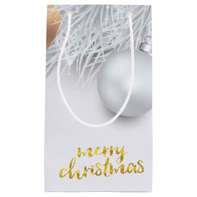 Sacola Para Presentes Pequena Feriado, Bolas de Natal, Ramos de Pinheiro (Frente)