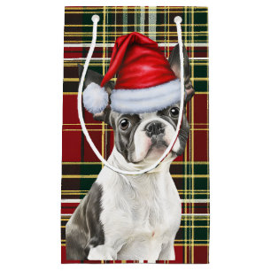 Sacola Para Presentes Pequena Feriado Boston Terrier Dog Festivo Xadrez Natal