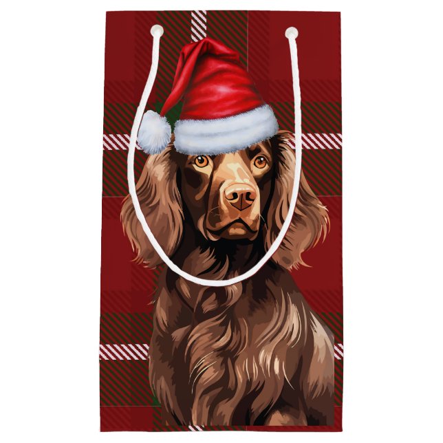 Sacola Para Presentes Pequena Feriado Boykin Spaniel Cão Vermelho Xadrez Natal (Frente)